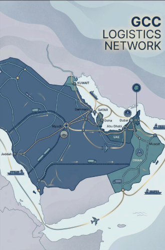 Stylised GCC logistics map — hubs and corridor flows.